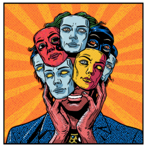 Pop art illustration of a person surrounded by multiple faces and masks, symbolising the emotional cost of masking through bold colours, Ben Day dots, and comic-book-inspired aesthetics.