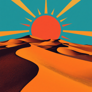 Pop art illustration of a desert landscape with dramatic sunset skies, bold colour blocks, and vibrant retro-inspired contrasts.