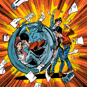Pop art illustration of office workers, papers, and technology swirling around a giant washing machine, symbolising workplace overwhelm, burnout, and constant task-switching.