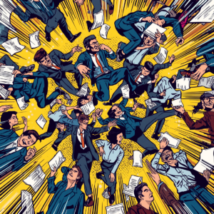 Pop art illustration of the workplace “Washing Machine Effect” featuring office workers and papers swirling in chaotic motion with bold colours, halftone dots, and comic-book-inspired graphics.