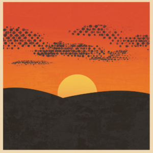 A pop art style desert sunset image featuring a bold, graphic pop art aesthetic with vibrant, saturated colours - electric oranges, and striking contrasts.