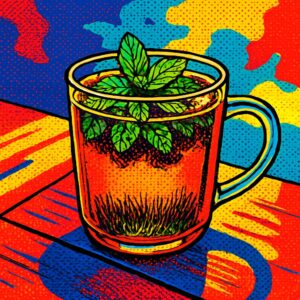Pop art illustration of a glass of mint tea featuring bold saturated blues, reds, yellows, and oranges in a vibrant high-contrast composition.