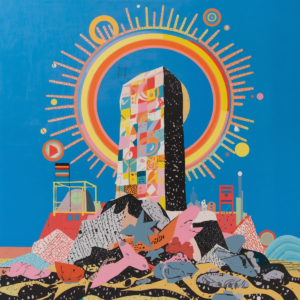 Pop art illustration of a striking monolith with radiating sunburst patterns, featuring bold saturated colours and a vibrant retro-inspired aesthetic.