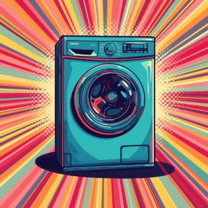 Pop art illustration of a turquoise washing machine with bold retro colours, radiating rainbow sunburst patterns, and comic-book-inspired graphic styling.