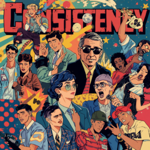 A vibrant pop art illustration exploring the concept of consistency through interconnected human faces, repeating patterns, and bold saturated colours. Expressive figures are linked through visual rhythms and recurring shapes, symbolising reliability, continuity, and human connection. The dynamic composition combines authentic emotion with energetic pop art aesthetics.