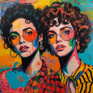 A vibrant pop art artwork featuring mirrored portraits with expressive human faces facing one another in symmetrical composition. Bold, saturated colours and repeating patterns create visual rhythm and balance, symbolising consistency, reflection, and continuity. The interconnected portraits convey authenticity, human connection, and the steady repetition of actions and experiences over time.