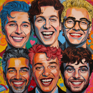 A vibrant pop art grid of diverse LGBTQIA+ portraits featuring expressive, joyful faces against bold, saturated backgrounds. The colourful composition celebrates authenticity, identity, community, and self-expression through dynamic patterns and striking visual contrasts.