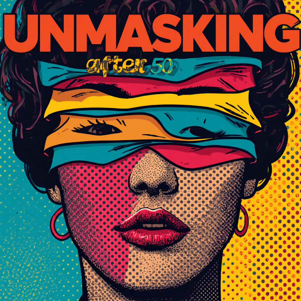 A bold pop art illustration of a woman's face partially concealed by colourful ribbons wrapped across her eyes and forehead. The words "UNMASKING after 50" appear prominently above her. The image symbolises the process of revealing one's authentic identity after years of masking neurodivergent traits and conforming to societal expectations.