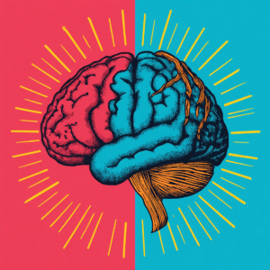 Colourful illustration of a human brain split into pink and blue halves against a contrasting background, with radiating lines surrounding it. The image symbolises neurodiversity, different ways of thinking, and the unique wiring of neurodivergent minds.