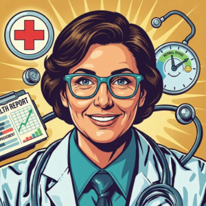 Illustrated portrait of a smiling middle-aged woman wearing glasses and a medical coat, surrounded by healthcare symbols including a stethoscope, health report chart, medical cross, and a gauge showing a normal range. The image represents diagnosis, health assessment, and positive outcomes following medical evaluation.