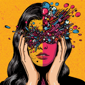Pop-art style illustration of a woman holding her face with both hands as a colourful explosion of shapes, objects, and thoughts bursts from her eyes and mind. The image symbolises the overwhelming mental load, masking, and internal experiences often associated with ADHD and neurodivergence in women.