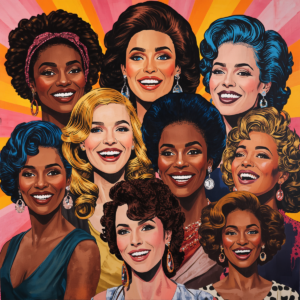 A vibrant pop art illustration featuring a diverse group of smiling women with different skin tones, hairstyles, and appearances. The women are arranged closely together against a bright pink, orange, and yellow sunburst background, symbolising diversity, confidence, visibility, and the many expressions of womanhood.