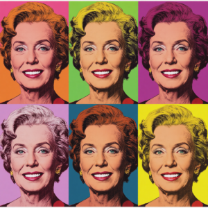 Pop art-style grid featuring six repeated portraits of a confident older woman, each rendered in different vibrant colour combinations. The artwork uses bold contrasts and bright backgrounds to celebrate ageing, visibility, individuality, and the diverse experiences of women over 50.